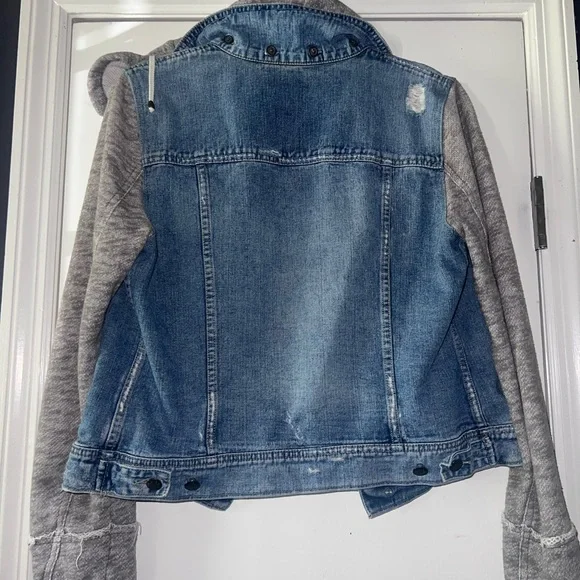 Free People Denim Jacket with Gray Knit Hoodie Sleeves - Picture 4 of 4